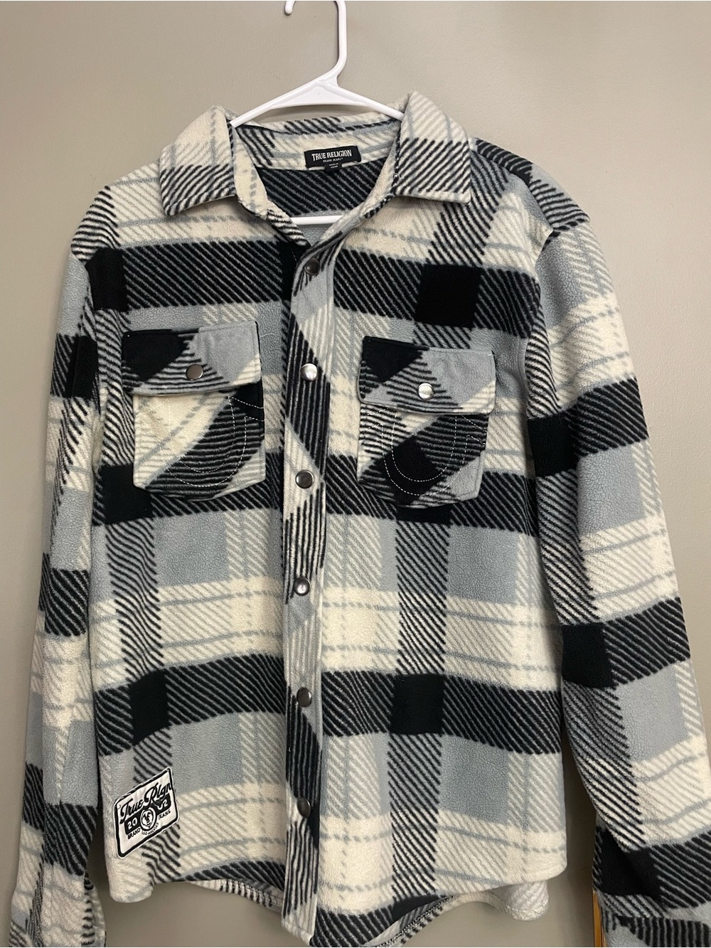 True Religion Men’s Polar Fleece Black, Gray & Cream Plaid Shacket